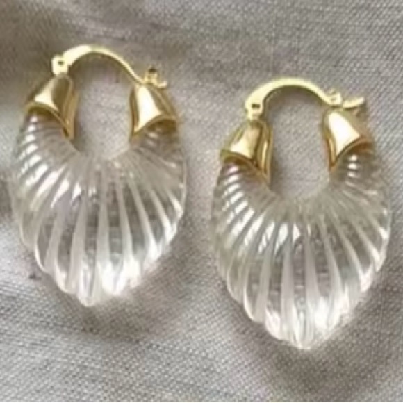 Anthro “Gabi” Sculptural Crystal Clear Scalloped Striated Parabola Frosted Hoops - Picture 9 of 14